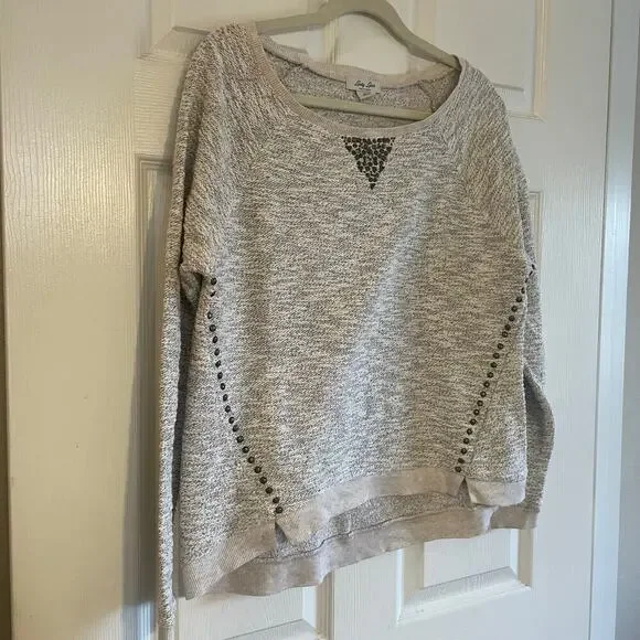 Lucky Lotus Sweater Beige metallic Knit Pullover Embellished Studded Ladies Sz L - Picture 8 of 14